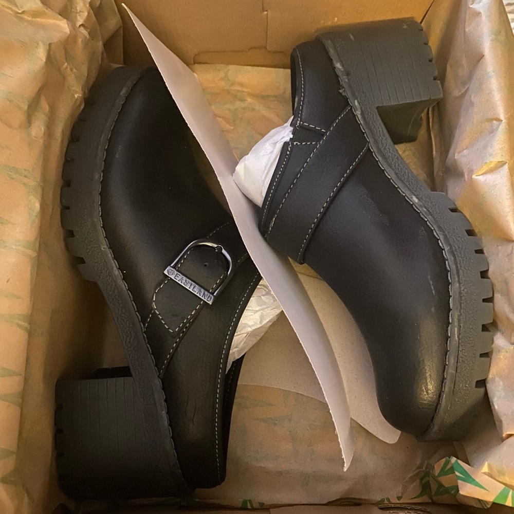 Eastland Black Leather Mules with Buckle